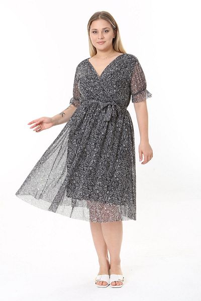 modayız Double Breasted Collar Large Size Patterned Short Sleeve Dress 21D-2532