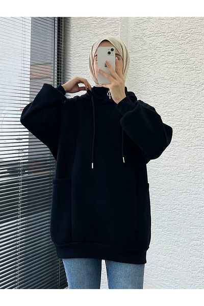 MELEK ARAZ Navy Blue Oversize Women's Sweat with Pockets