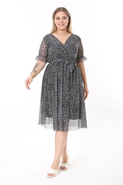 modayız Double Breasted Collar Large Size Patterned Short Sleeve Dress 21D-2532