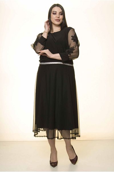 FARBAPLUS Φόρεμα Μαύρο Μανίκι Κεντημένο Plus Size 31a-1571