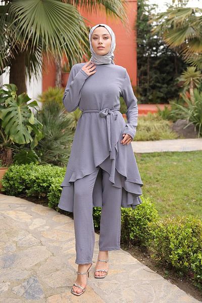 BurcuFashion Gray Asymmetric Cut Aerobin Hijab Set - Brc1311