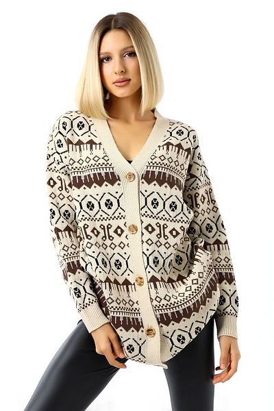 Devinka Patterned Buttoned Long Oversize Knitwear Women's Cardigan