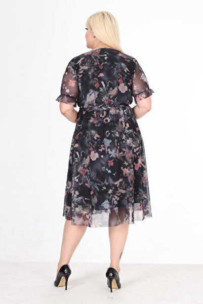 modayız Patterned Plus Size Double Breasted Collar Summer Dress - Short Sleeve 18C-2581