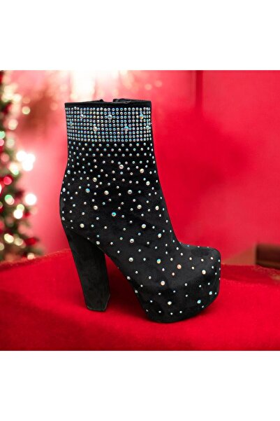 Ayakkabı Bahçesi Yüksek Plarform Topuklu Taşlı Süet Fermuarlı Abİye Kadın Bot