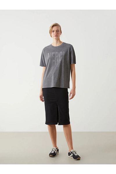 LC Waikiki Γυναικείο μπλουζάκι LCW Vision Anthracite Crew Neck Stoned Oversize