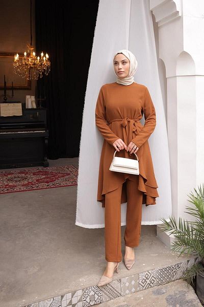 BurcuFashion Ασύμμετρη κοπή Aerobin Hijab Suit Brc1311 Tan