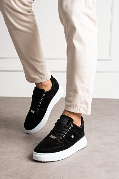L.A Polo Süet Kalın Tabanlı Rahat Siyah Beyaz Erkek Sneaker 063