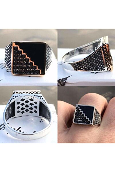 OSMANLI GÜMÜŞ Erkek Gümüş Yüzük - Siyah Zirkon Taşlı 925 Ayar Gümüş Erkek Yüzük