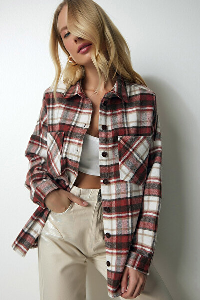 MissKybele Çift Göğüs Cepli Yakalı Ekose Uzun Manşetli Kol Düğmeli Rahat Over...