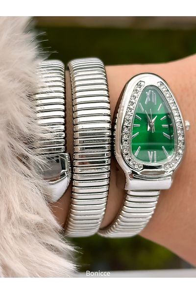 Choppers Green Dial - Minimal Rhinestone Women's Wristwatch and Evil Eye Beaded Bracelet