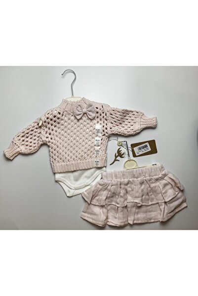 Nipperland Pink Baby Girl Set - Set of 3 100% Organic Cotton: Bow Detail Mesh Sweater and Layered Skirt