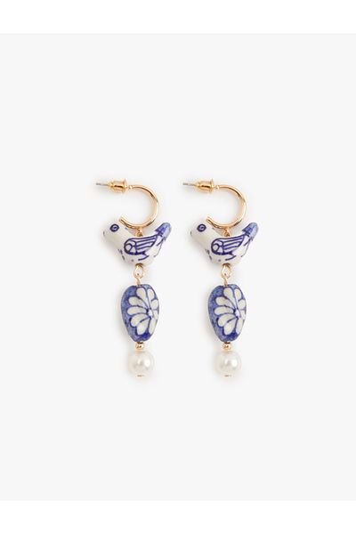 Koton Steel Alloy Pearl Detailed Ceramic Bird Figured Dangle Earrings