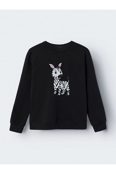 sielta Zebra Printed Kids Crew Neck Black Sweathisrt Tracksuit Set