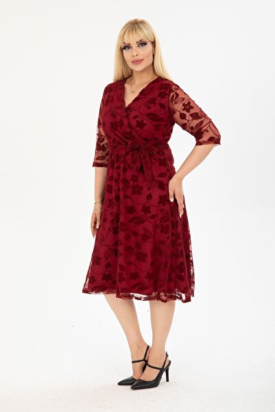 modayız Βραδινό φόρεμα με διπλό γιακά μεγάλου μεγέθους μπορντό 36B-2407