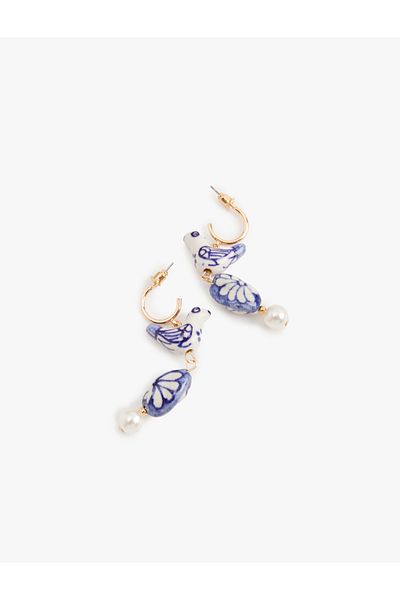 Koton Steel Alloy Pearl Detailed Ceramic Bird Figured Dangle Earrings