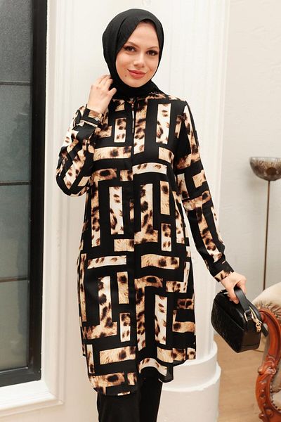 Neva Style - Patterned Black Viscose Hijab Tunic 11542S