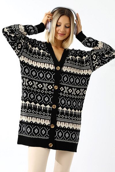 Devinka Cardigan de damă, lung, supradimensionat, cu nasturi, cu model