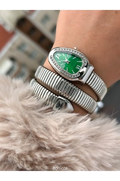 Choppers Green Dial - Minimal Rhinestone Women's Wristwatch and Evil Eye Beaded Bracelet
