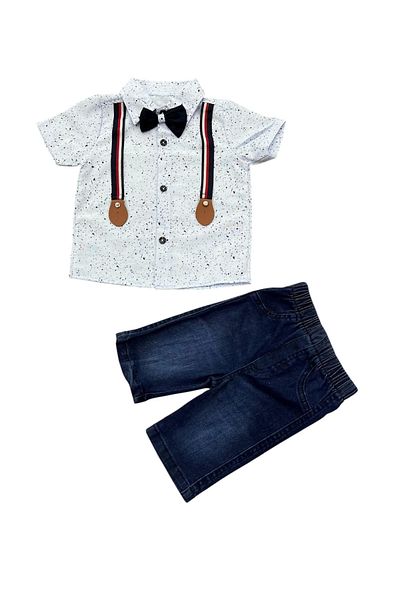 Hafez Kids Summer Patterned Bow Tie, Strappy Buttoned Shirt and Capri Jeans, Two-Piece Suit