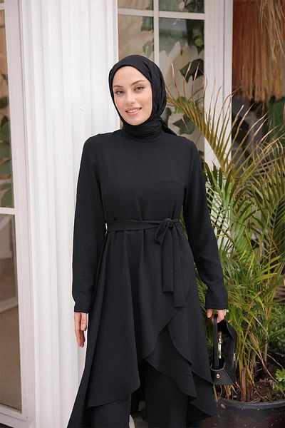 BurcuFashion Ασύμμετρη κοπή Aerobin Hijab Suit Brc1311 Μαύρο