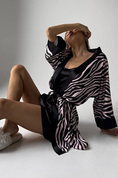 Mine Tan Butik Set cămașă de noapte cu bretele subțiri cu zebră roz