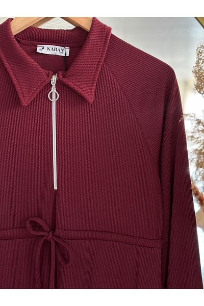 Ebrar Store Cansu Knitted Twist Dress with Tunnel Waist-Kn8085 Burgundy