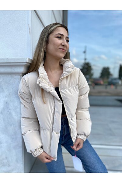Butik Ekru Şişme Fermuarlı Mont