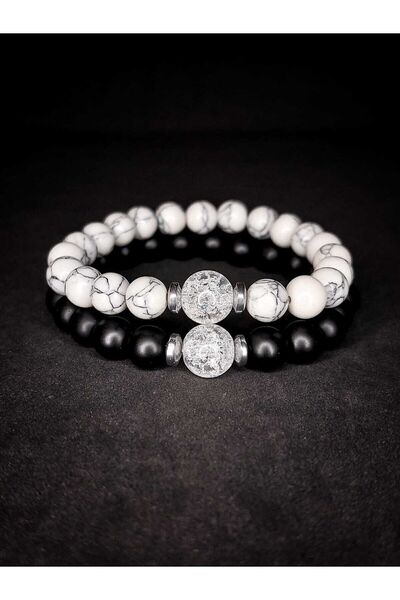 Zodyak Doğal Taş Natural Stone Howlite & Onyx & Necef Lover Love Love Bracelet