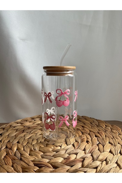 Minnaco Pipetli Bardak Su Geçirmez Kirazlı Fiyonk Baskılı Hediyelik Kahve Bar...