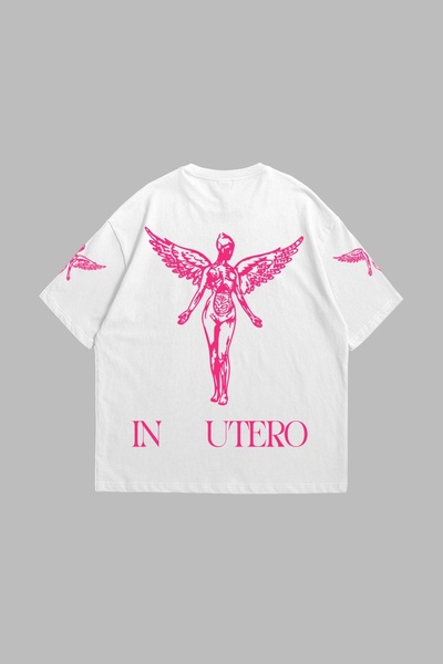 Bak Moda Tricou alb unisex supradimensionat cu imprimeu roz Nirvana In Utero