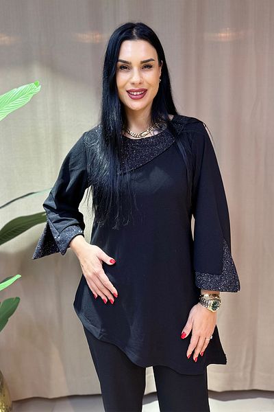 GÖKSEL طقم علوي سفلي كبير الحجم برقبة غير متماثلة - أسود