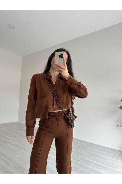 Büşra Doğramacı Orijinal Premium Keten Crop Gömlek Kahve