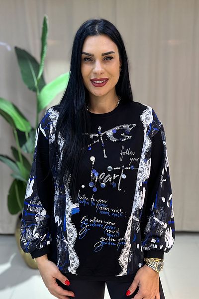 GÖKSEL Dragonfly Printed Stone Large Size Sweatshirt - Black