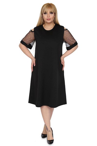 modayız Black Sleeve Pearl Plus Size Dress 9c-0515