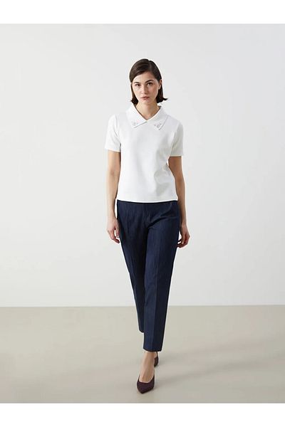 LC Waikiki Lcw Vision Ecru Polo Neck Stones Women's T-Shirt