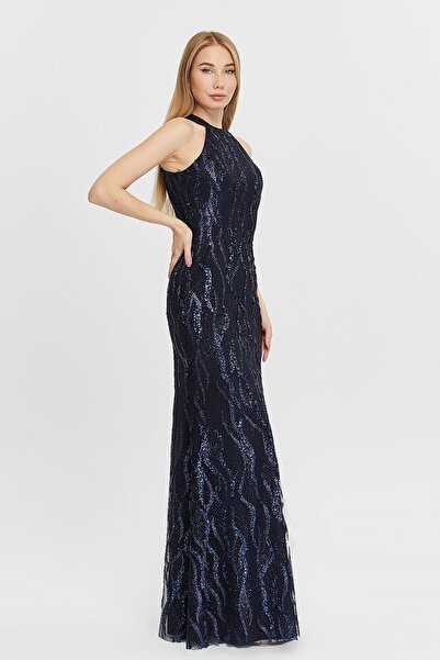 Asees Βραδινό φόρεμα από τούλι με κυματιστή στάμπα - Φόρεμα ψαριού με λαιμόκοψη με παγιέτες και λεπτομέρεια Glitter