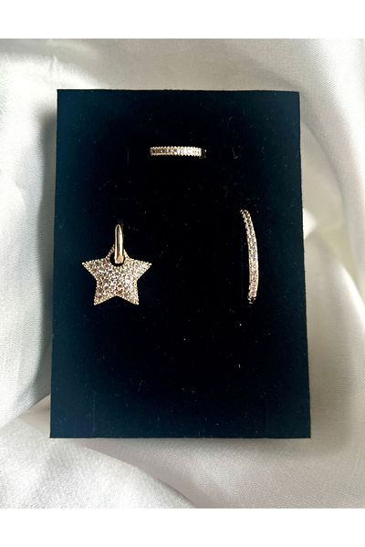 LUZ Zircon Stone Star Detailed Triple Earring Set