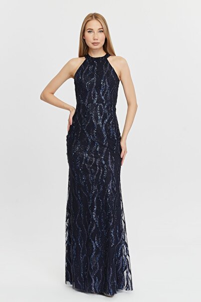 Asees Βραδινό φόρεμα από τούλι με κυματιστή στάμπα - Φόρεμα ψαριού με λαιμόκοψη με παγιέτες και λεπτομέρεια Glitter
