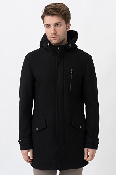 White Stone Siyah Slim Fit Kapüşonlu Fermuar Kapamalı Cepli Kaşe Kaban