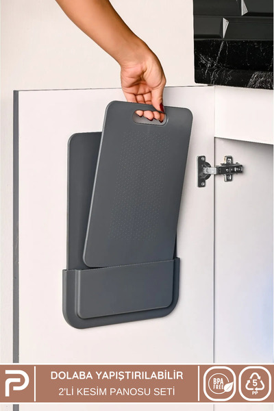 Poomy Mutfak Dolabına Yapıştırılabilen Pratik 2'li Kesim Panosu Seti