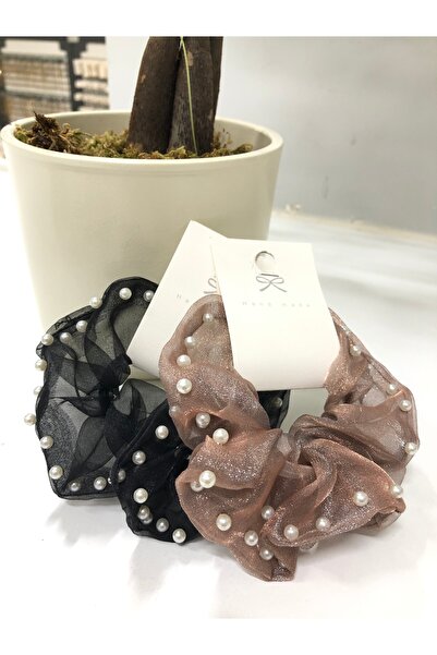 Bijutek Γυναικεία λαστιχένια αγκράφα με διπλό τούλι με μαργαριτάρια στις άκρες