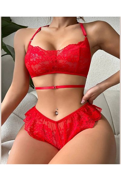 İntive Lingerie Nightlight Red Lace Back Cross Design Bralet Fancy Set -7034