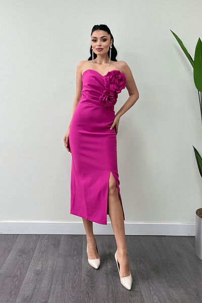 giyimmasalı Atlas Fabric Rose Λεπτομερές Στράπλες Μολύβι Φόρεμα - ΦΟΥΚΙΔΙΔΑ