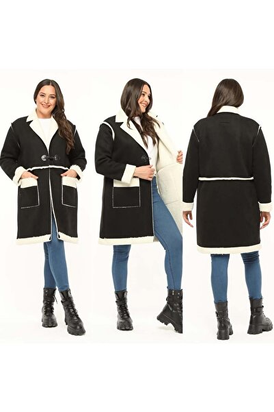 MojerHermosa Kadın Düğmeli içi Peluş Çepli Kaban