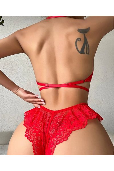 İntive Lingerie Nightlight Red Lace Back Cross Design Bralet Fancy Set -7034