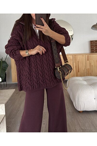 Lavanta Tekstil طقم سويت شيرت محبوك من سيلانيك بنصف سحاب باللون الأرجواني الداكن وبنطلون تريكو