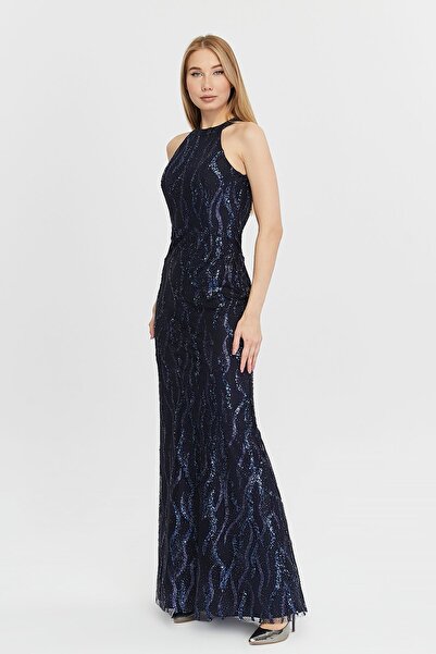 Asees Βραδινό φόρεμα από τούλι με κυματιστή στάμπα - Φόρεμα ψαριού με λαιμόκοψη με παγιέτες και λεπτομέρεια Glitter