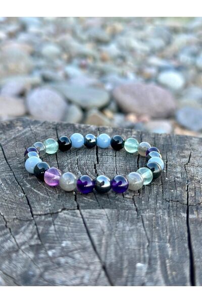 Zodyak Doğal Taş 8mm Aquarius Natural Stone Bracelet, Angelit- Fluorite-Labra...