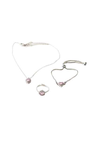 RoseLike Pembe Kalp Yüzük, Bileklik ve Kolye Kadın Çelik Set