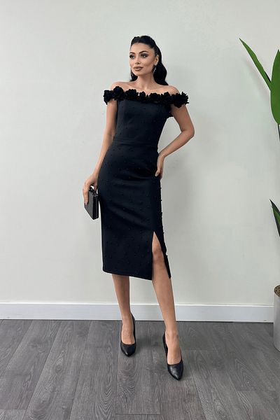 giyimmasalı Atlas Fabric Floral Pearl Detail Pencil Dress - Black